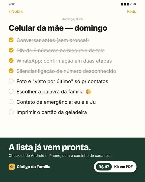 Bloco de notas com a lista do celular da mãe