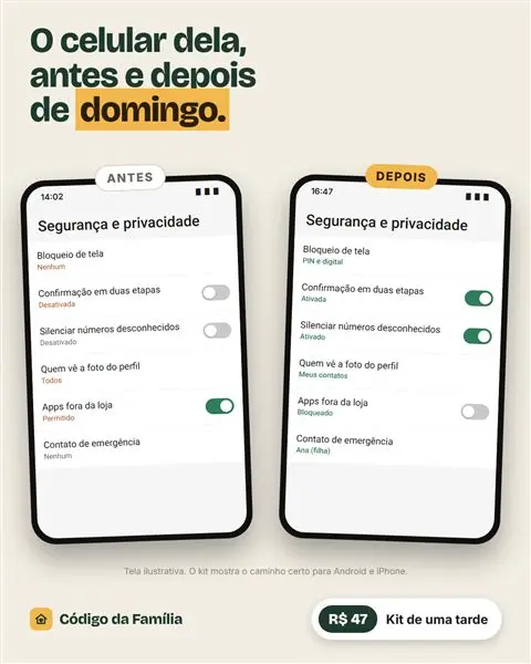 Antes e depois da tela de segurança